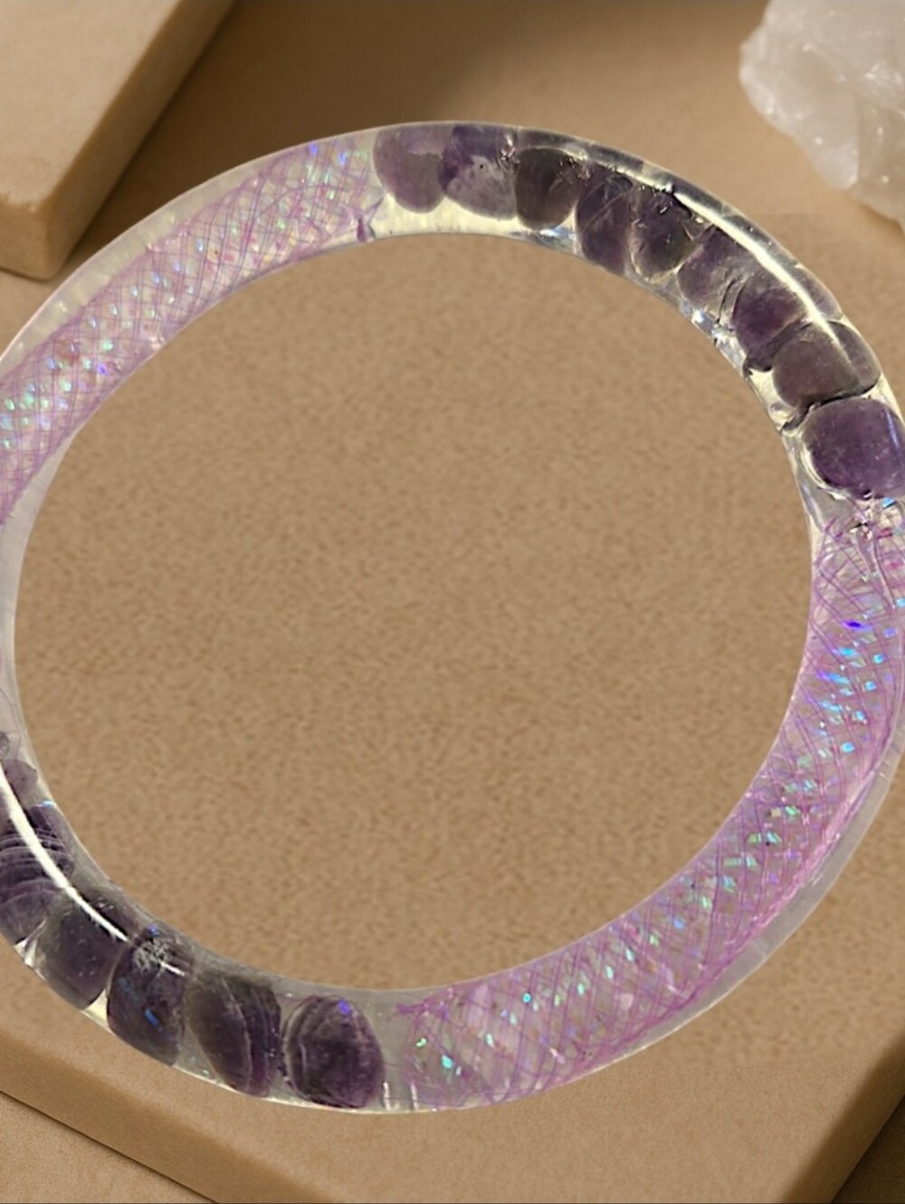 Handmade Amethyst & Clear Quartz Resin Bangle Bracelet - Purple